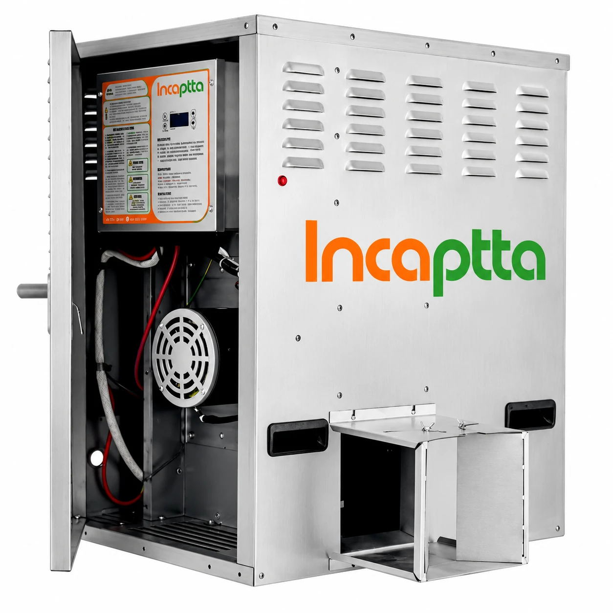 Incaptta poultry heating unit with cabinet open showing controls and burner assembly